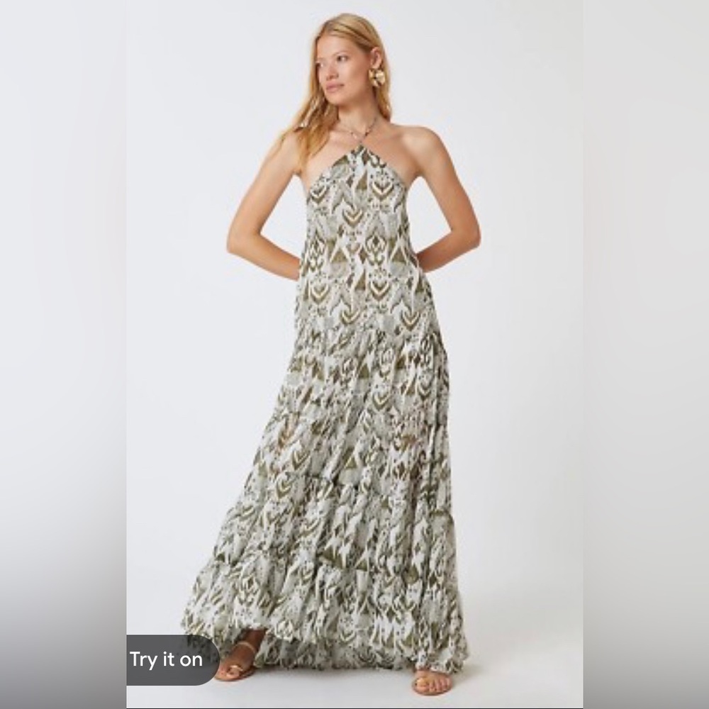Misa Halter Neck Printed Maxi Dress in Olive & Cream